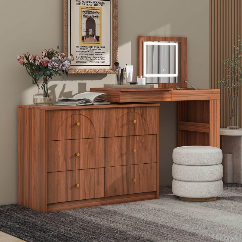 Vanity Desk With Mirror And Lights, Makeup Vanity Table With Flip-Top Tabletop And Drawers,Shelves, Walnut