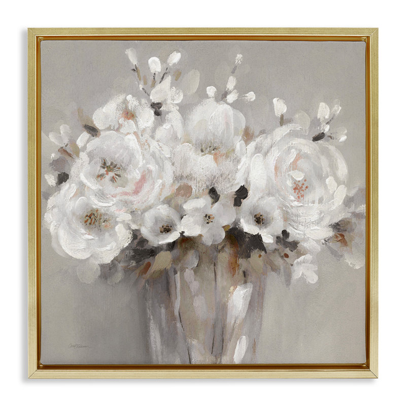 White Flower Bunches, Metallic Gold Floater Frame, 18" H x 18" W