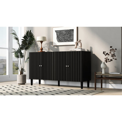 Four-Door Sideboard With Captivating Wavy Doors, Stable Cylindrical Leg Arrangement, Chic Metal Handle Detail, Practical Storage Option Ustyle Elegant Mesmerizing Pattern Robust Legs, Fashionable