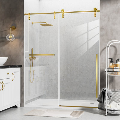 Porte de douche coulissante simple sans cadre de 56 à 60 po x H 75 po avec verre de 5/16 po (8 mm) avec film antidéflagrant, poignée en acier inoxydable doré