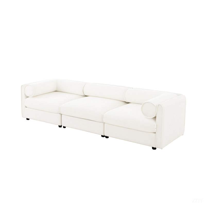 Élégant canapé en chenille avec dossier cylindrique et espace de rangement caché, 3, H 27,9 po x l 109 po x P 37,4 po, Blanc