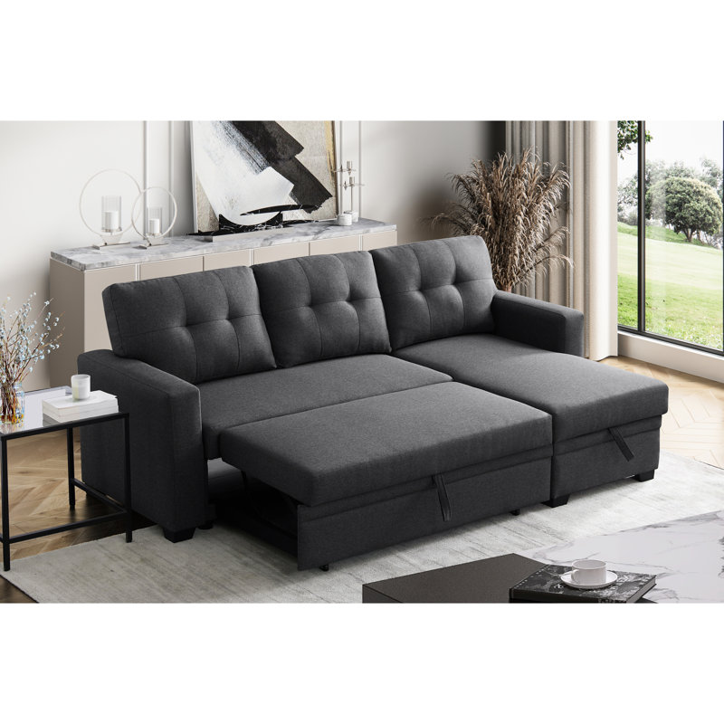 3 Dark Gray Linen Upholstered Convertible With Pull-Out Chaise And Storage Space, Foam Filled, Twin Size Sleeper Design, Removable Back Cushions, Great For Guests Overnight, 82 In Wide, 53 Deep, 34.5