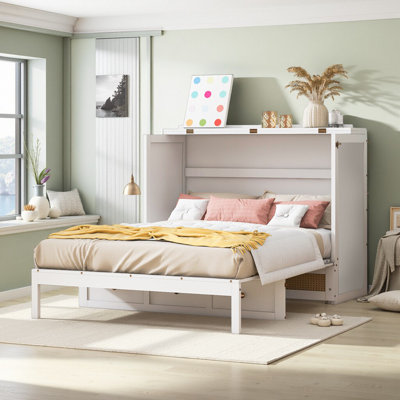 Lit double escamotable avec tiroirs et décor en rotin