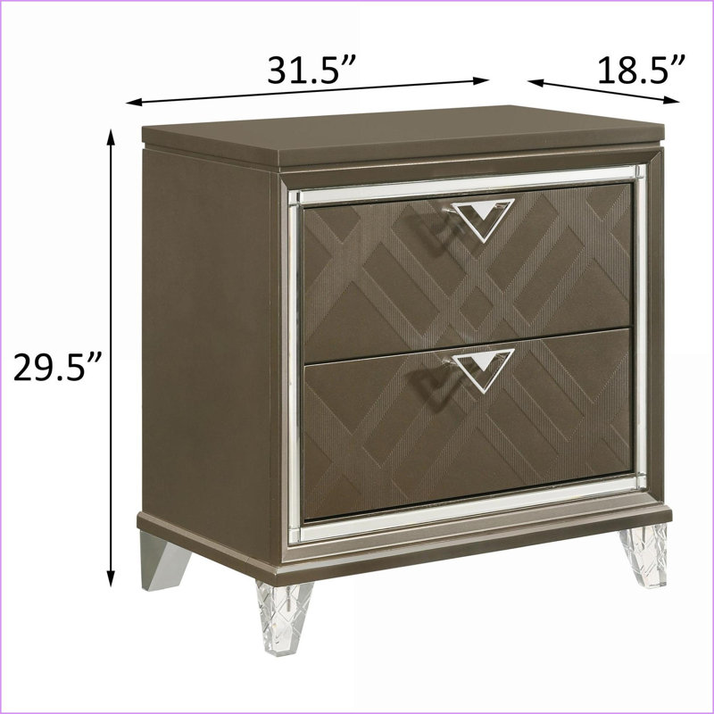Table de chevet moderne à 2 tiroirs avec garniture miroir Dark Champagne foncé