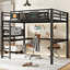 Structure de lit double pleine grandeur avec bureau, panier de rangement, lit mezzanine en métal avec horloge et port de charge-313288011