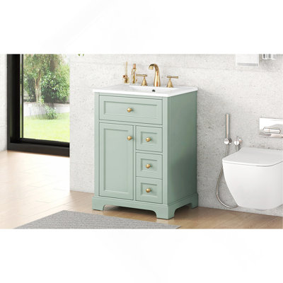 Meuble-lavabo vert 24 po avec lavabo, panneau de fibres à densité moyenne et fabrication en bois de pin, 3 tiroirs et armoire avec support de rangement à 2 niveaux, porte et tiroirs à fermeture en douceur, conception moderne pour les petites et moyennes salles de bain