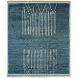 Green Hand-Knotted Wool Linear Forest Geometric Modern Contemporary Carpet Rug