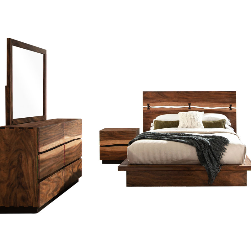 Walnut 4 Queen Bedroom , Platform Bed, Matching Storage, Live Edge Headboard, Sculpted Fingertip Drawers, Practical Use Drawer Pulls, Functionality
