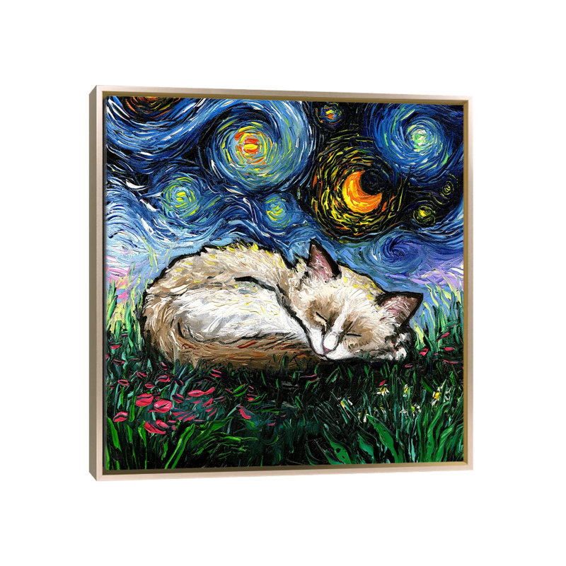 Sleepy Ragdoll Kitten Night, H 26 po x l 26 po x P 1,5 po, Pas de tapis, Toile encadrée champagne