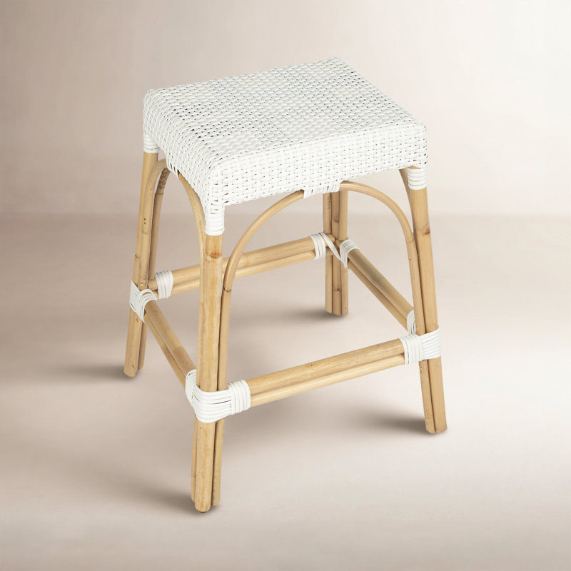 Lennart 18" Dining Stool, Glossy White/ Natural Rattan Frame