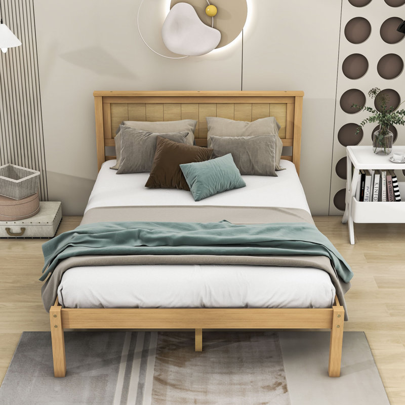 Lit plateforme en bois avec tête de lit et lattes Leajah, Double