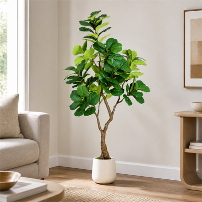 6‑foot artificial fiddle‑leaf fig tree, with decorative white pot, faux indoor plant for home office living‑room corner, set of one