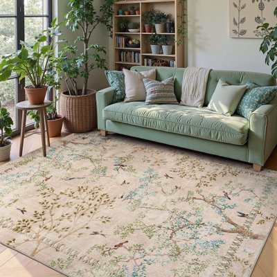 Floral Rug Botanical Birds Print Nature Plants Washable Non-slip