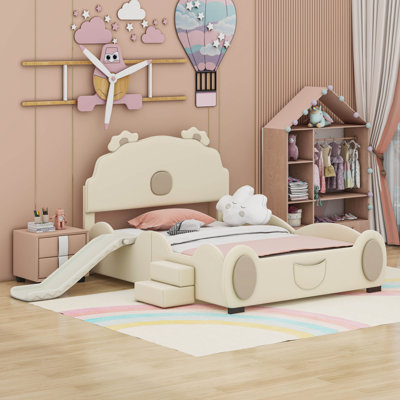 Full Size Upholstered Platform Bed with Piglet Shape Headboard And Children's Slide -  Cosmic, COS80020369AAA