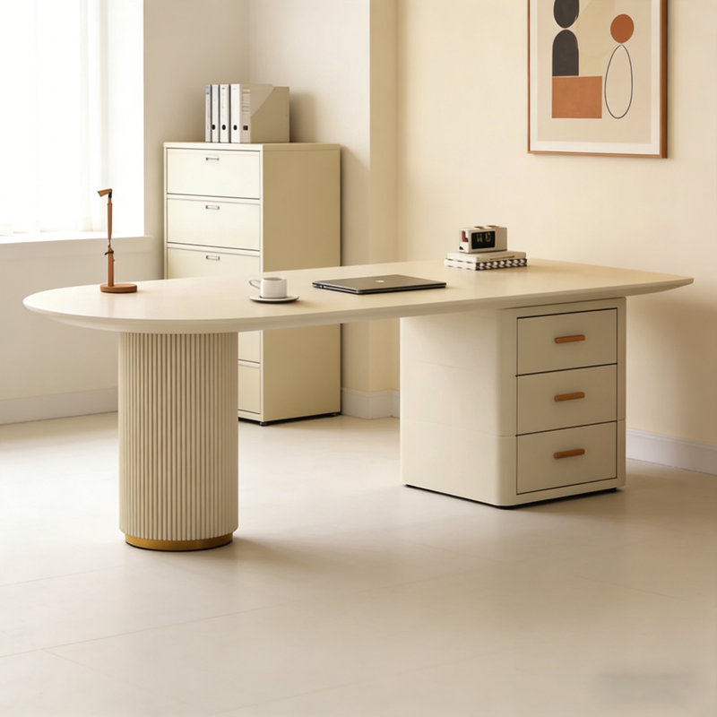 Cream Style White Sintered Stone Office Desk, Semi-Circular Design with Drawer Cabinet, 29.53" H x 55.12" W x 31.5' D