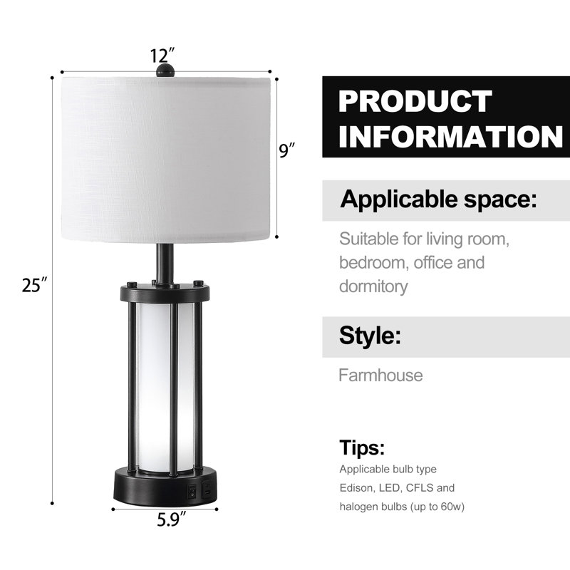 25" Black Metal Table Lamp Set with USB Type-C Ports and Built-in Outlet
