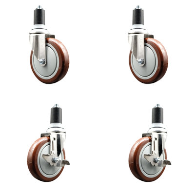 5 Inch 316SS Poly Swivel 1-1/2 Inch Expanding Stem Caster Set 2 Brake SCC