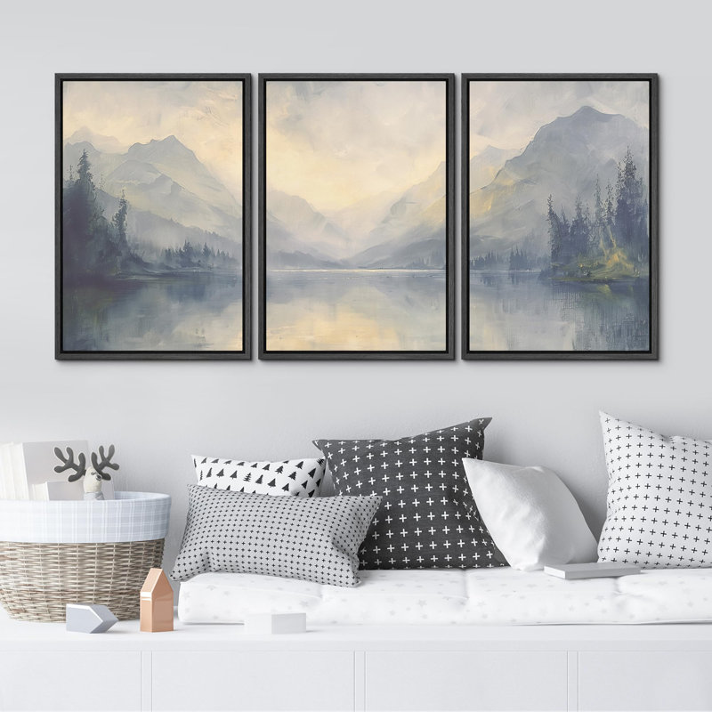 "Misty Mountain and Forest Illustration Modern Art Decor Chic Living Room Office Room" - 3 pièces, Noir, H 24 po x l 16 po