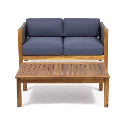 Patio Loveseat And Coffee Table Set, Patio Furniture Set With Cushion, Acacia Wood Frame Conversation Set For Garden, Backyard, Porch And Poolside, Minimalistic Style
