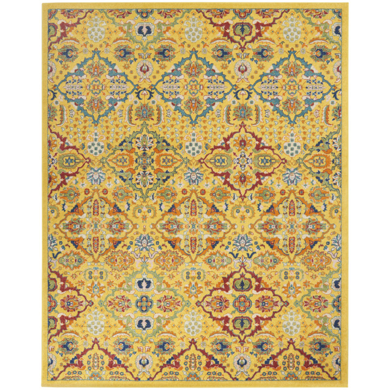 Tapis jaune à motif floral Weirton, Rectangle 9 pi x 12 pi