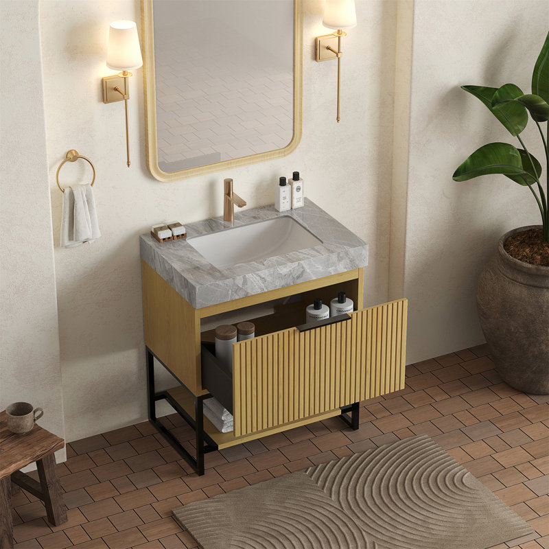 Meuble-lavabo de salle de bain YOLAN, 30", Marbre blanc, Chêne clair