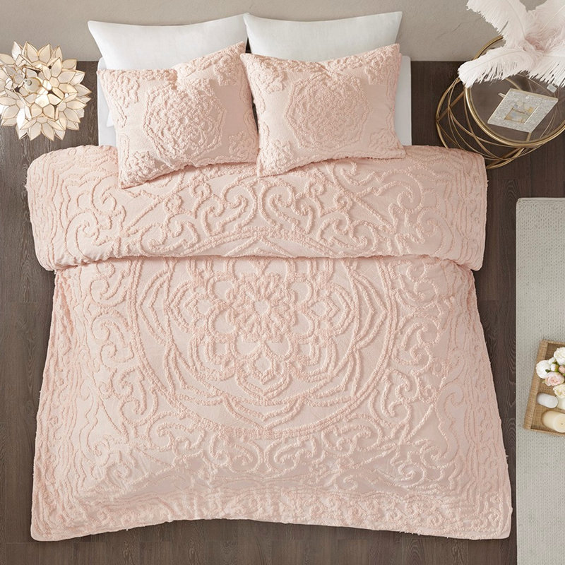 Édredon 3 médaillons en coton chenille, rosé pour très grand / très grand, Édredon très grand + 2 taies décoratives, Rosé