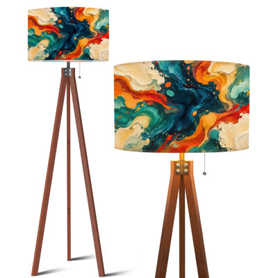 Tripod Standing Lamp Elegant Blue White Floral Pearls Feathers Remote Control Dimmable LED Floor Lamp Mid Century Beech Wood Legs Detachable Linen Drum Shade for Living Room Bedroom Home Office
