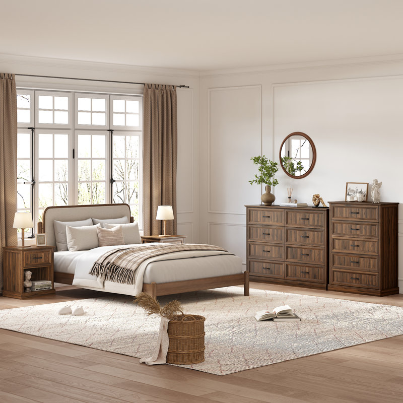 L'ensemble de chambre à coucher 4 pièces 4 pièces comprend une commode 8 tiroirs, une commode haute 5 tiroirs et deux tables de chevet avec bibliothèque