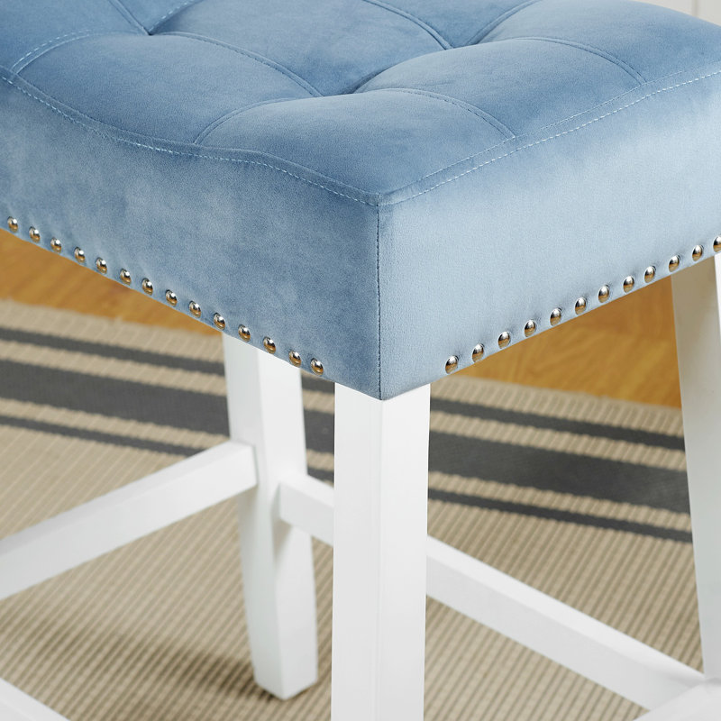 Set Of 2 Counter Height Stools With Tufted Saddle Seats, Blue