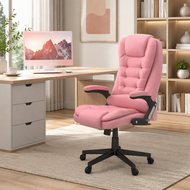Fauteuil de bureau massant à dossier haut et vibrations, 6 points de vibration, revêtement en similicuir chauffant et inclinable, accoudoirs et télécommande, rose