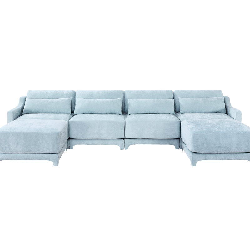 Chenille Almaguer bleu ciel à quatre places, coussins élégants et entièrement compressés, placement flexible avec tissu, coussin lombaire mobile, base en bois