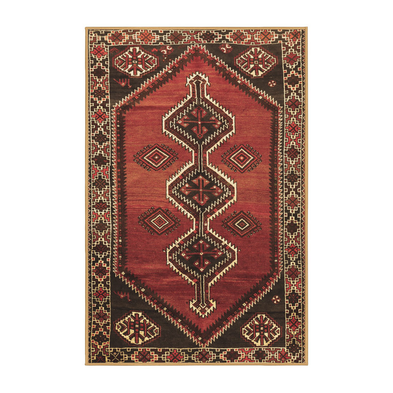 Tapis rouge / brun foncé / ivoire en laine tissée à la machine Southwestern, Rectangle 6 pi x 9 pi