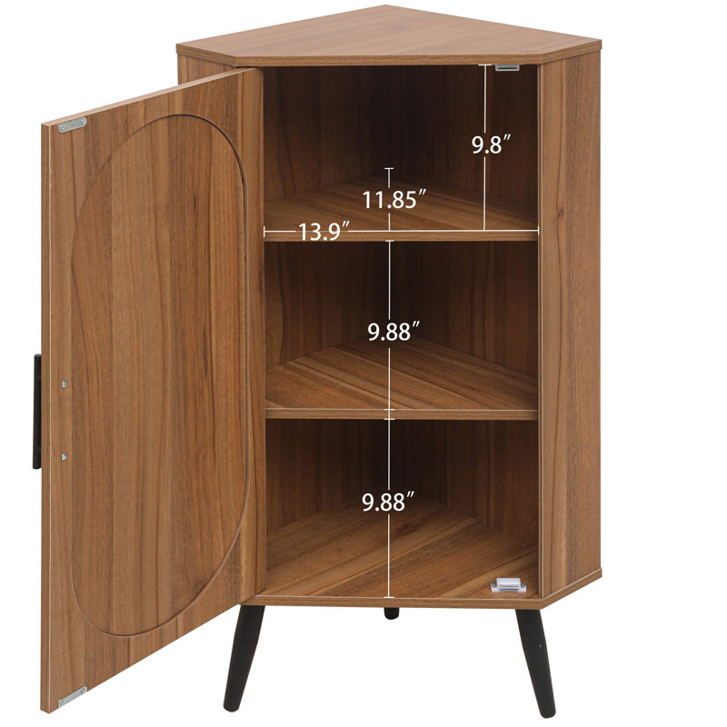 Table de coin autoportante pour petites salles de bain, porte, panneau de particules en noyer, capacité de charge de 88 livres, base en métal triangulaire sans épissure, benne basculante, tablettes réglables, armoire à poignée noire douce