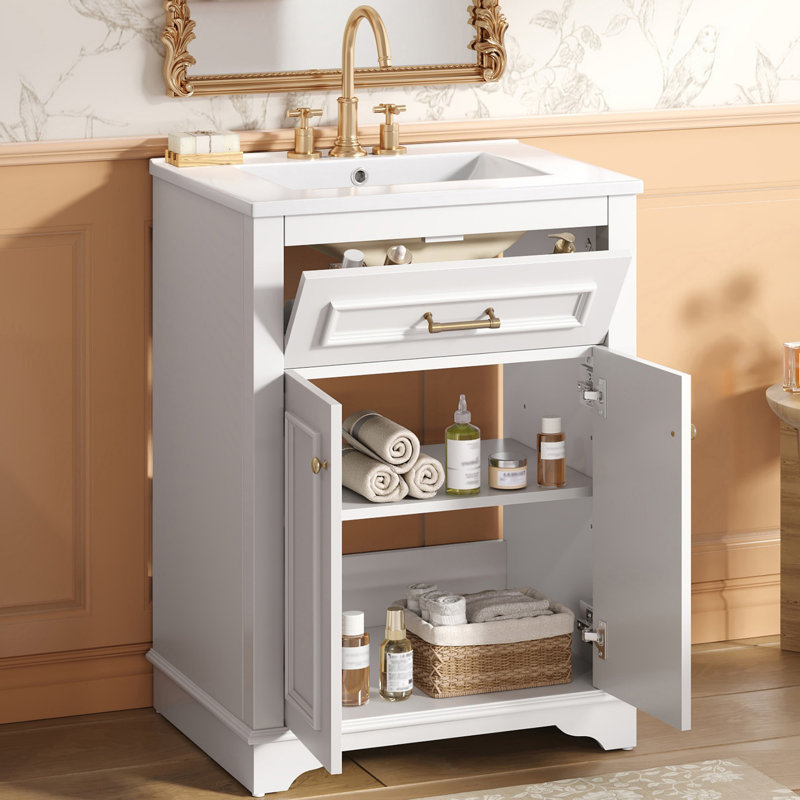 Meuble-lavabo autoportant de 24 po avec lavabo en céramique intégré, Blanc