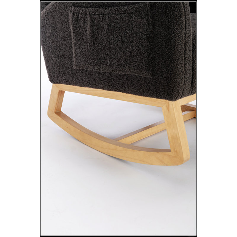 Chaise berçante confortable en tissu Teddy avec pieds en bois paquet, parfaite pour la détente et les intérieurs modernes, gris foncé