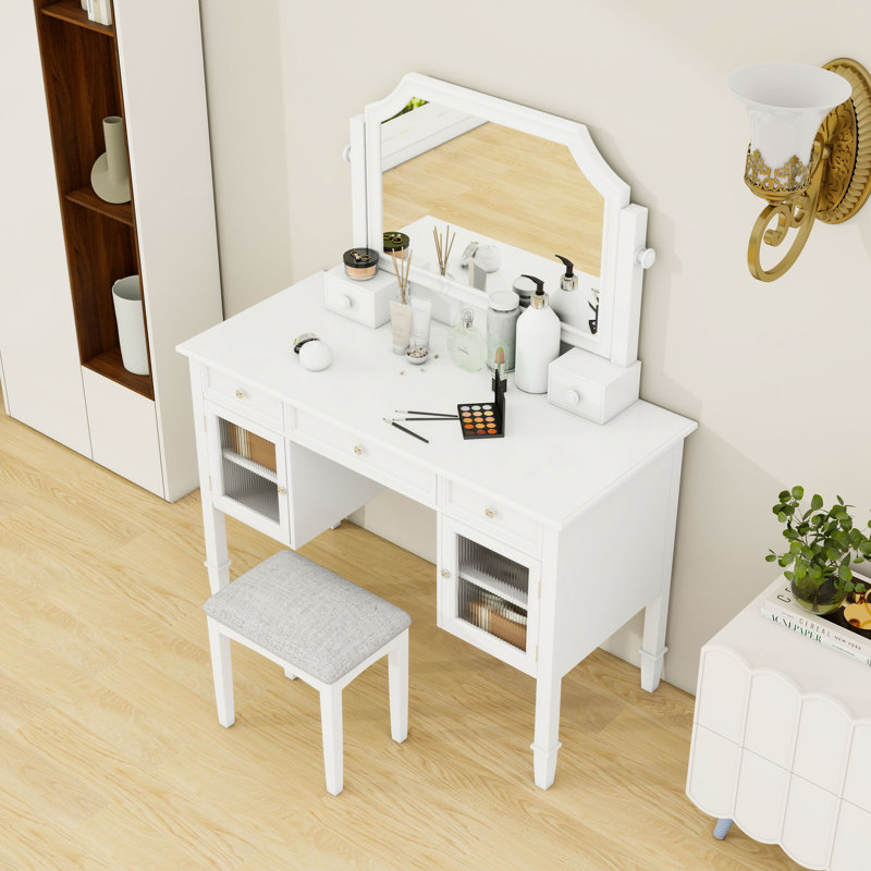 Bureau de coiffeuse avec tabouret, miroir, tiroir et armoire de maquillage