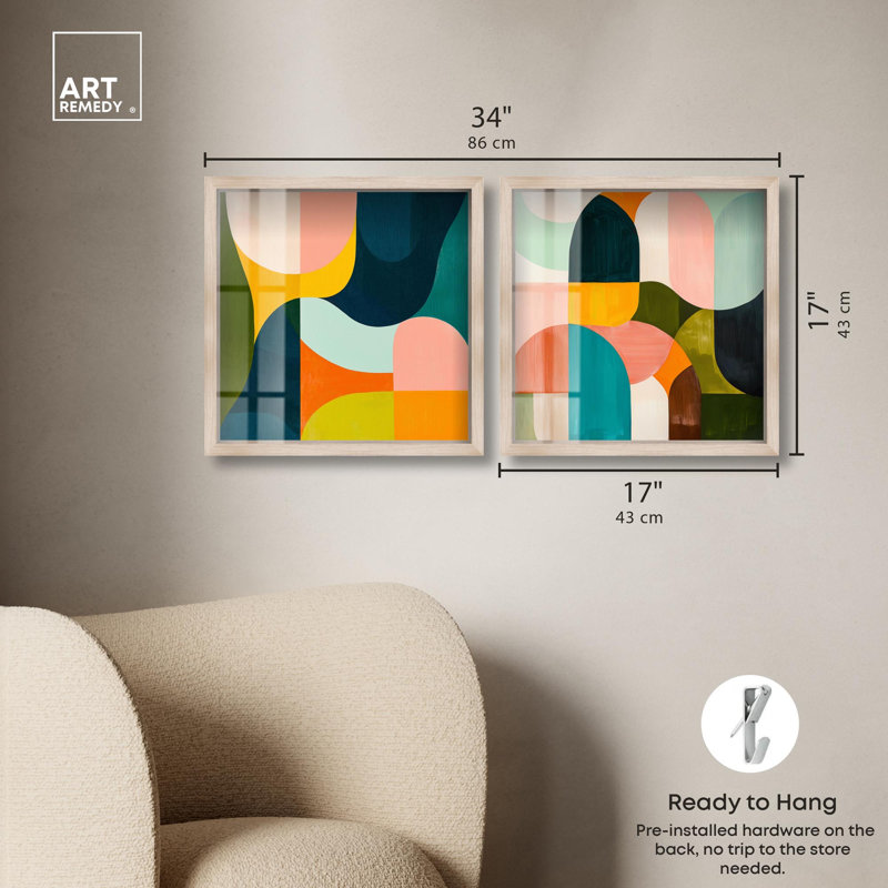 Ensemble de décorations murales colorées « Shadowbox » aux tons froids et chauds par Art Remedy, cadre noir, 12 x 12