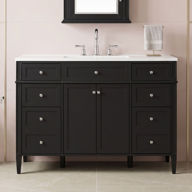 Meuble-lavabo 48 po avec comptoir intégré, 6 tiroirs et 2 portes à fermeture en douceur, Black