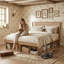 Lit plateforme moderne en bois de style champêtre avec tête de lit à panneaux et système de rangement à trois zones, Queen, chêne clair-1112616351-1112616338
