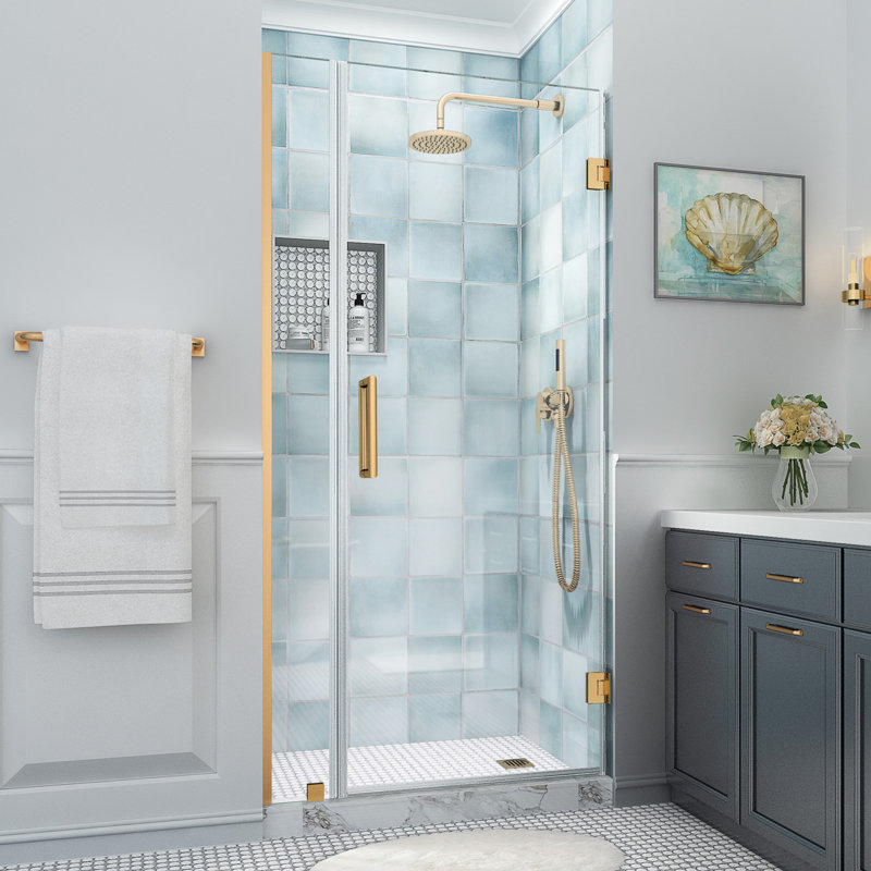 Belmore XL 29.25 - 30.25 in. x 80 in. Frameless Hinged Shower Door with Ultra-Bright  Glass, Brushed Gold, Clear Glass