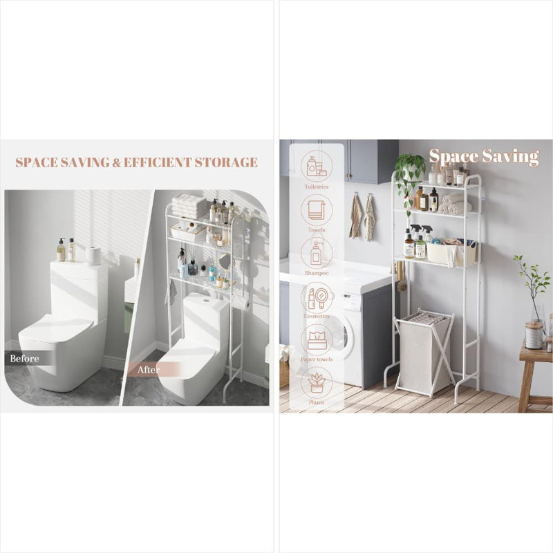Support de rangement autoportant au-dessus de la toilette avec 3 tablettes réglables, porte-papier hygiénique intégré et crochets pour l'organisation de la salle de bain et pour économiser de l'espace