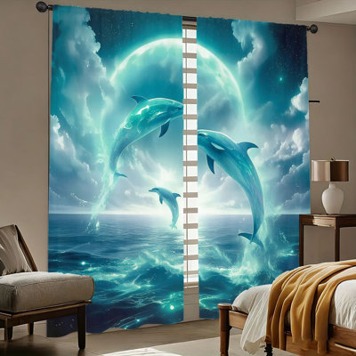 2Pcs rideaux de dauphins, vagues de l'océan et imprimé de ciel étoilé, protection de l'intimité filtrant la lumière, conception à passe-tringle, convient au salon, à la chambre à coucher, au balcon et à la cuisine