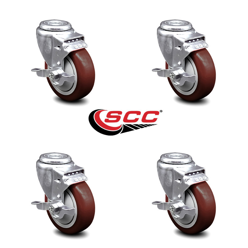 Ensemble de roulettes pivotantes à 4 trous en polyuréthane avec frein SCC, Marron