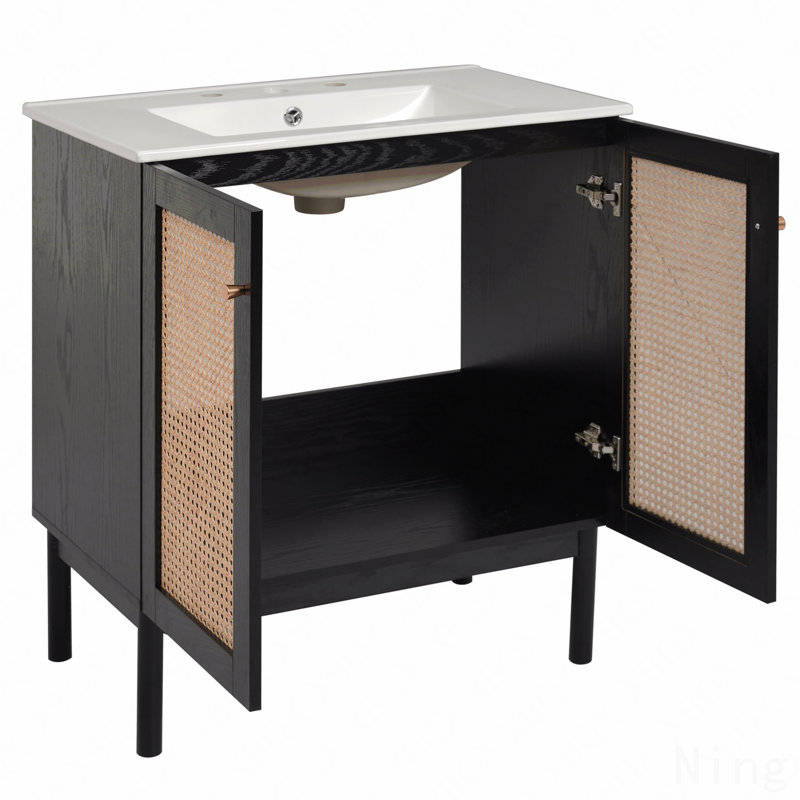 Meuble-lavabo 30 po, matériaux naturels, portes en rotin faites à la main, mécanismes de fermeture en douceur