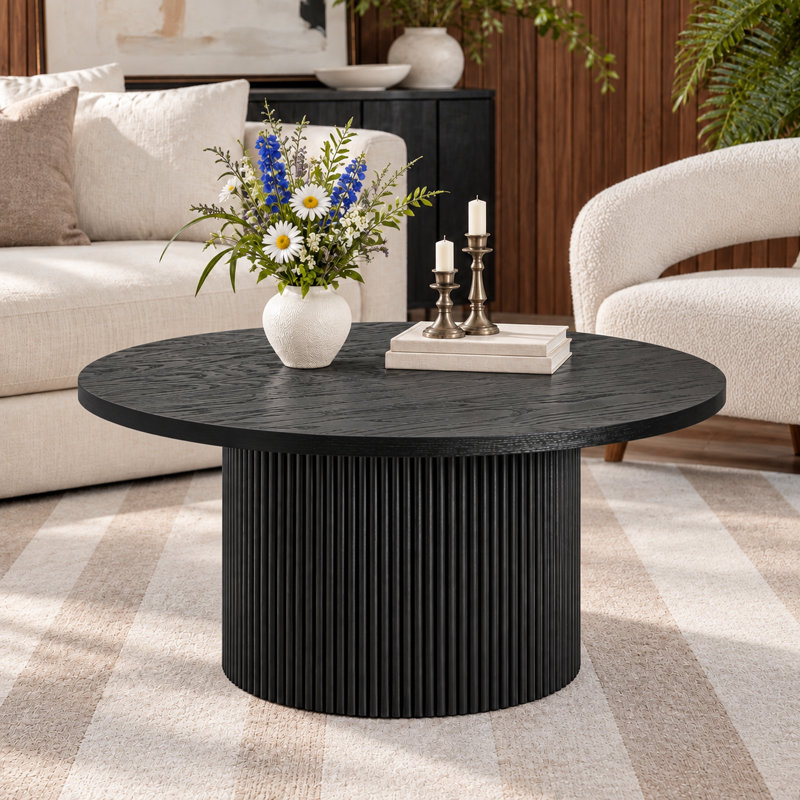 Table basse ronde en bois massif Ansel, H 17,7 po x L 35,43 po x l 35,43 po, Noir