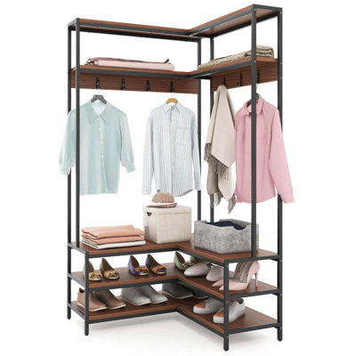 Corner Garment Rack L-shaped Clothes Rack With Open Shelves & Adjustable Foot Pads Walnut