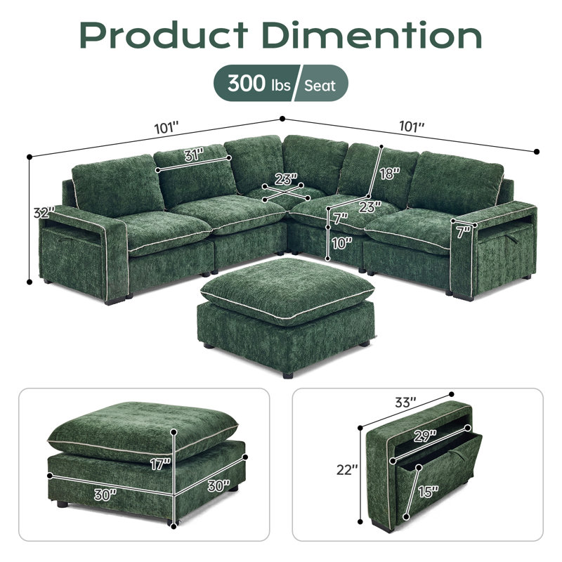 102.36'' W 6-Piece Green Chenille Modular Sectional With Storage Arm, Green