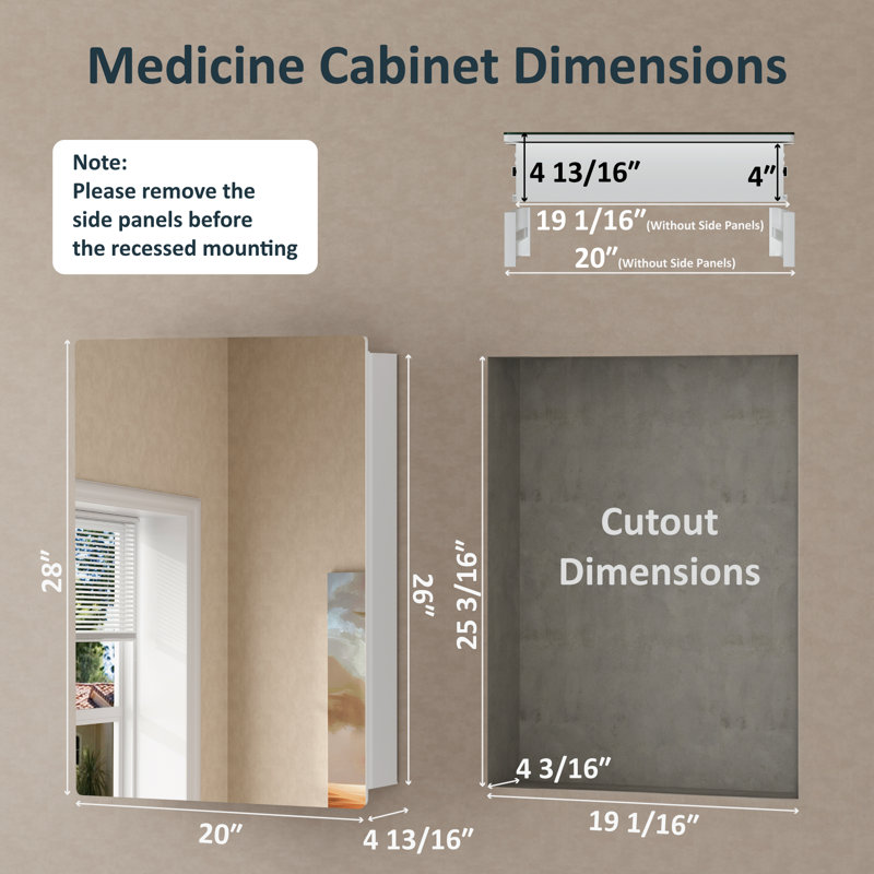 Armoire à pharmacie de salle de bain avec miroir, montage encastré ou en surface, tablettes réglables en verre trempé, rangement grande capacité, porte réversible, blanc, l 20 po x H 28 po