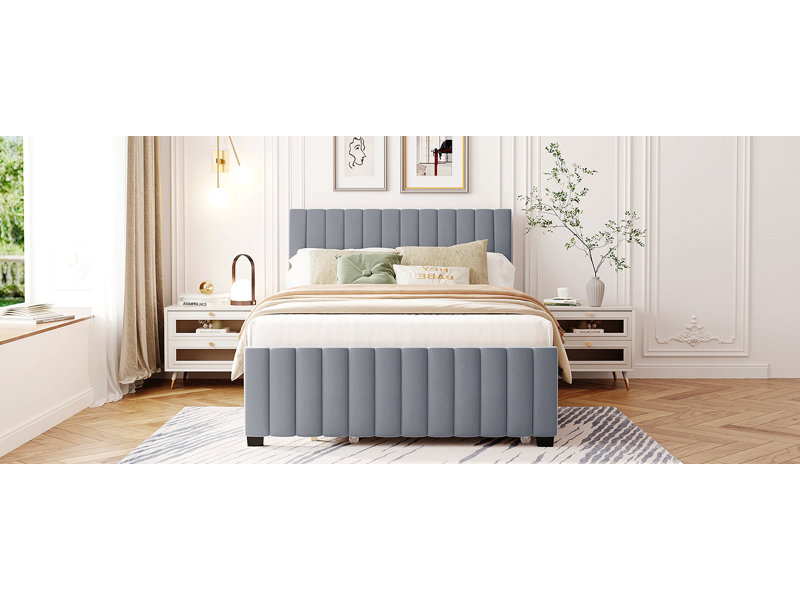 Lit plateforme double en velours avec lit gigogne, Gris