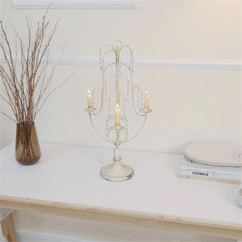Elegant Vintage Three-Arm Candle Holder, France Style White Candle Holder With Crystal Decor, Tabletop Candelabra